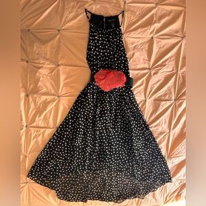 White House Black Market Classic Black Dress, White Dots and Pink Floral Accent
